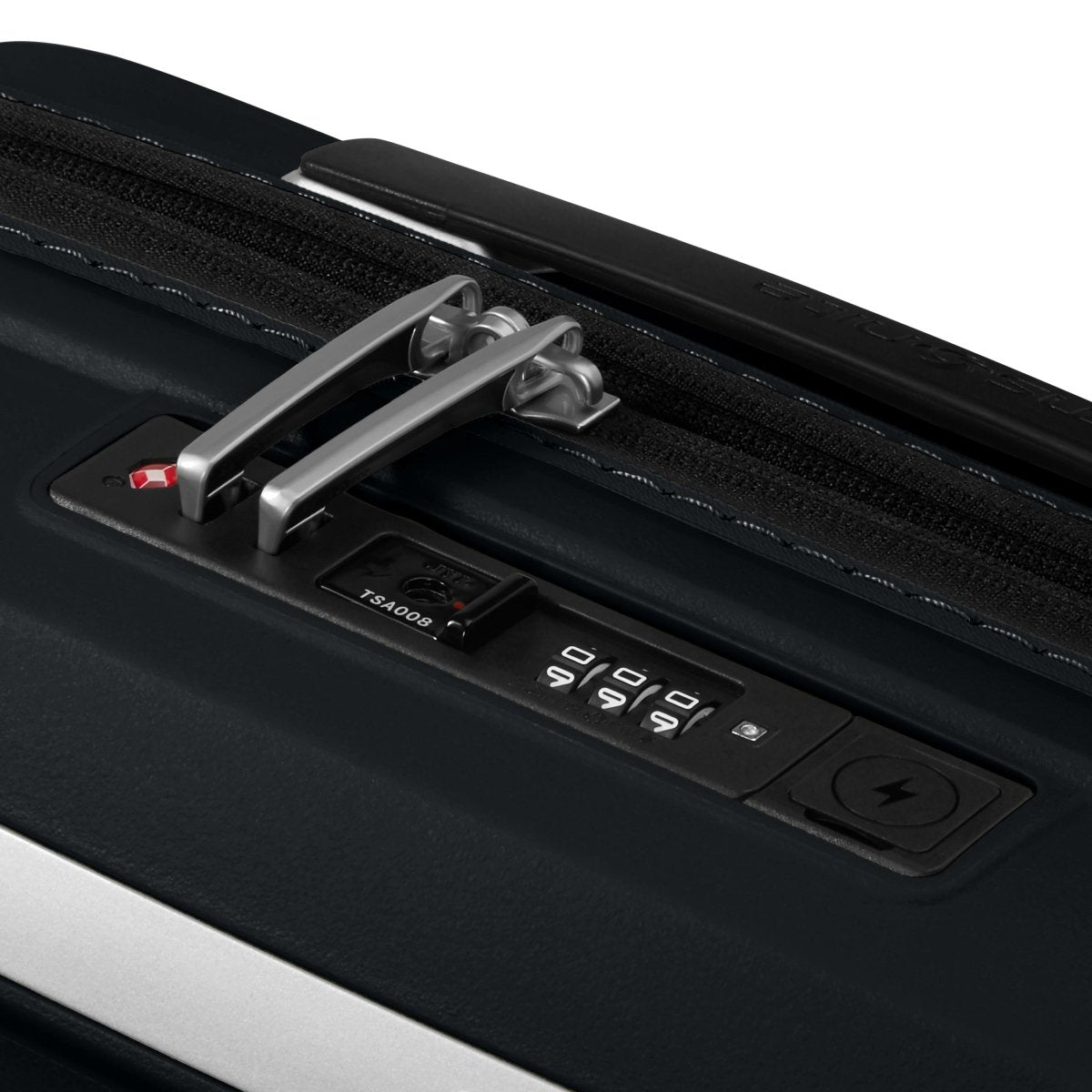 Close-up of the Samsonite Upscape Spinner Carry-On™ with shock-absorbing wheels, TSA lock, and dual zippers.