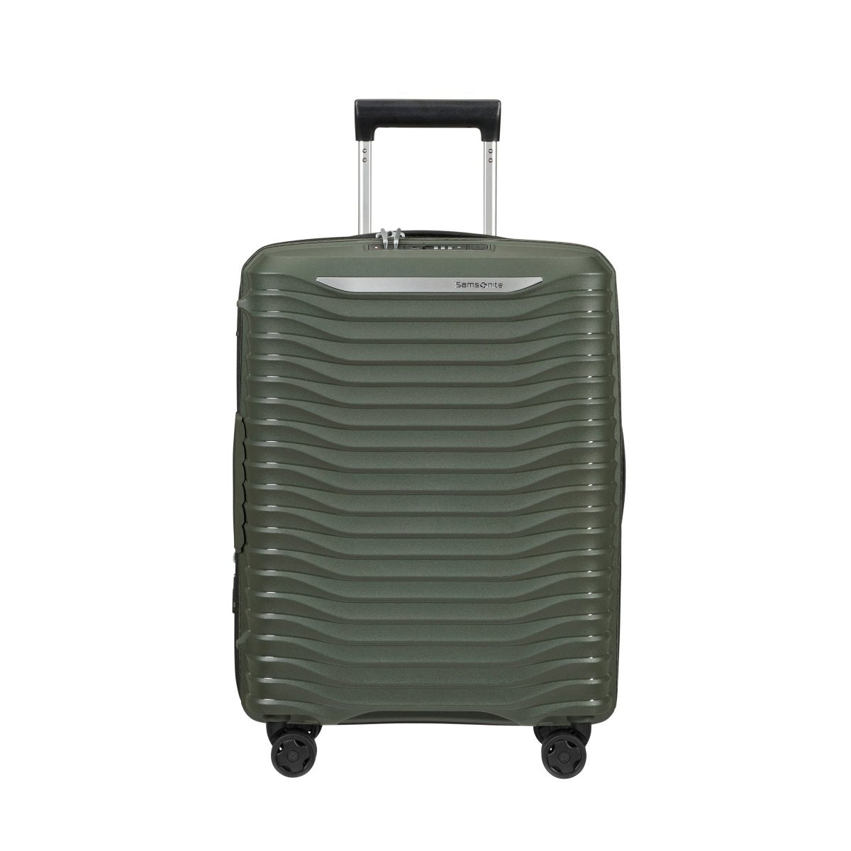 The Samsonite Upscape Spinner Carry-On™ is a green hard-shell suitcase with shock-absorbing wheels.