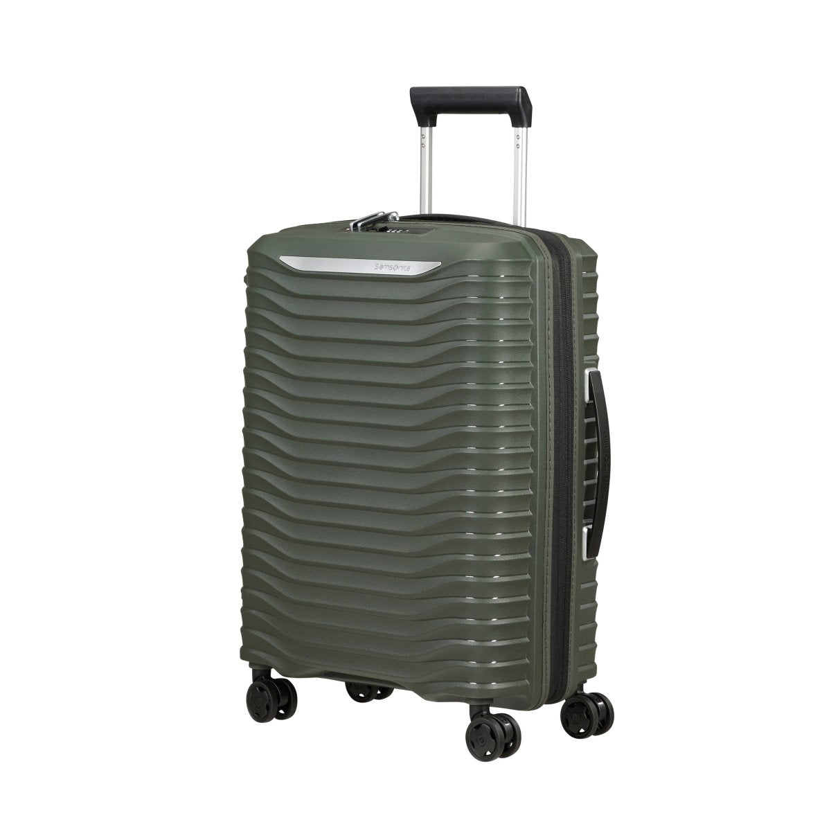 The Samsonite Upscape Spinner Carry-On™ is an olive green hard-shell, lightweight luggage with shock-absorbing wheels.