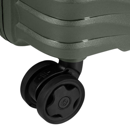 Close-up of shock-absorbing wheels on the Samsonite Upscape Spinner Carry-On™ for smooth luggage handling.