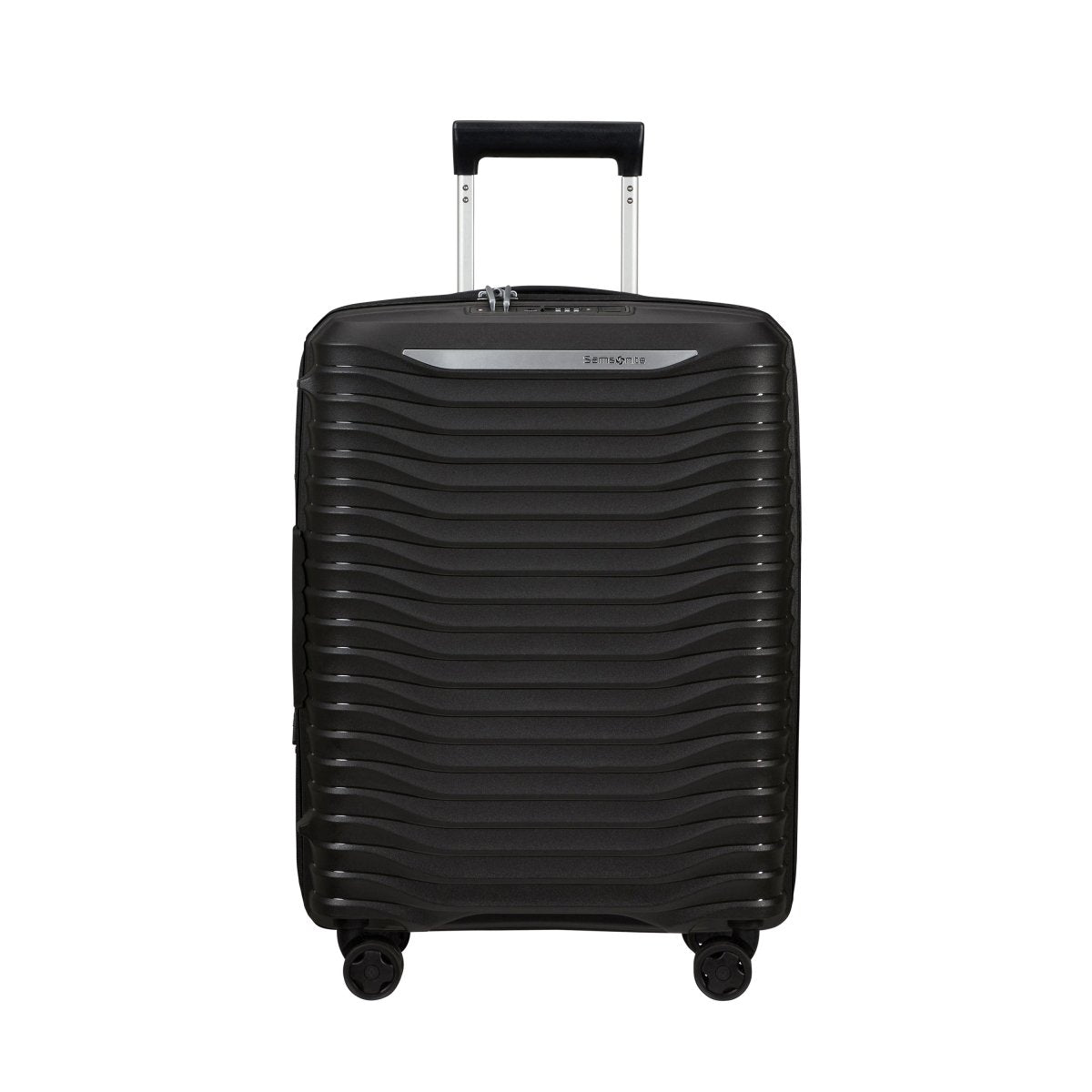 The Samsonite Upscape Spinner Carry-On™ in black features shock-absorbing wheels and an extended handle.