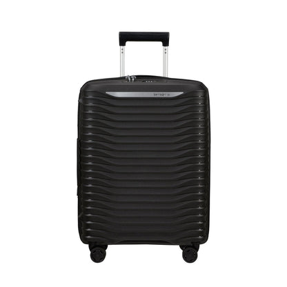 The Samsonite Upscape Spinner Carry-On™ in black features shock-absorbing wheels and an extended handle.