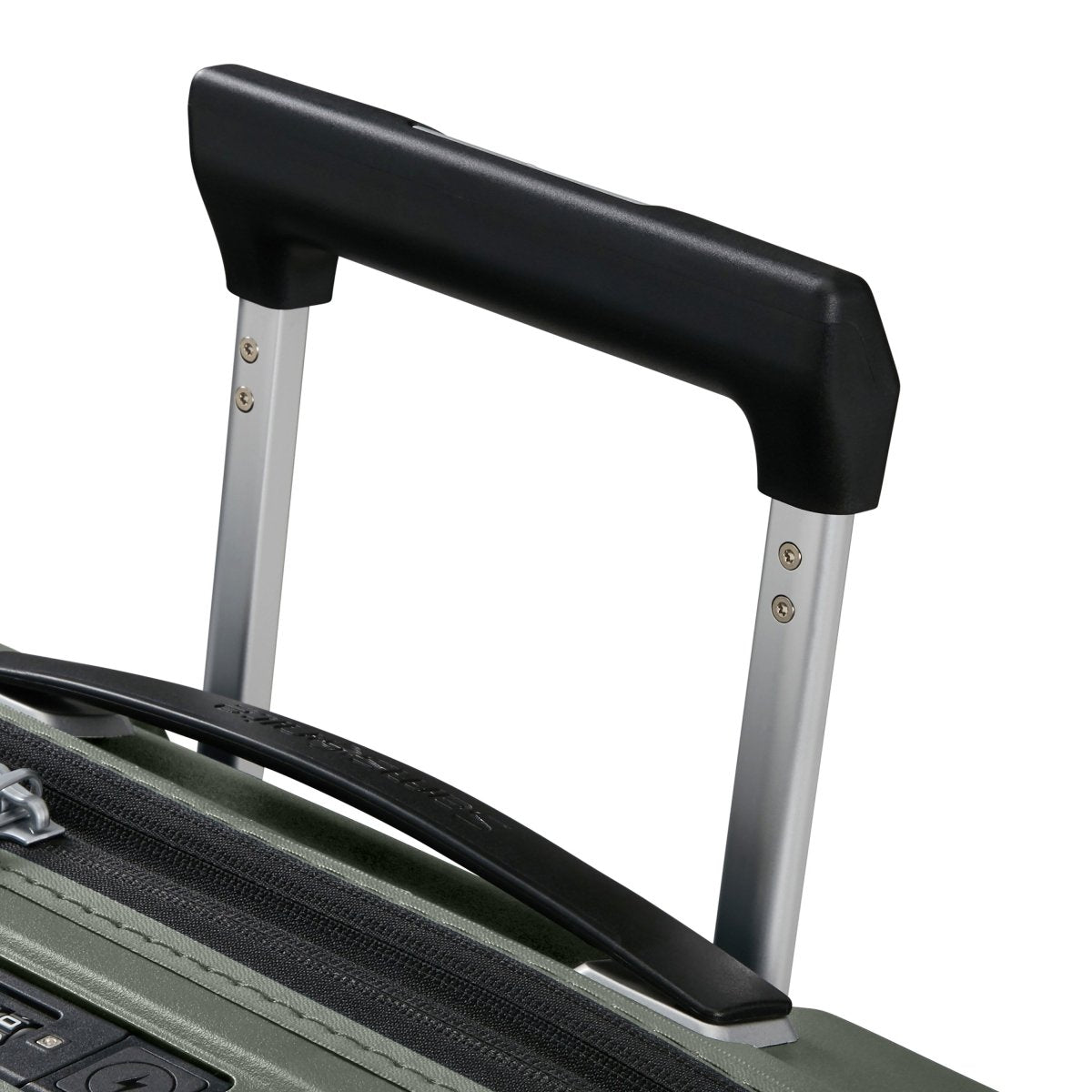 Close-up of Samsonite Upscape Spinner Carry-On™ extended handle and zippers on green lightweight luggage.