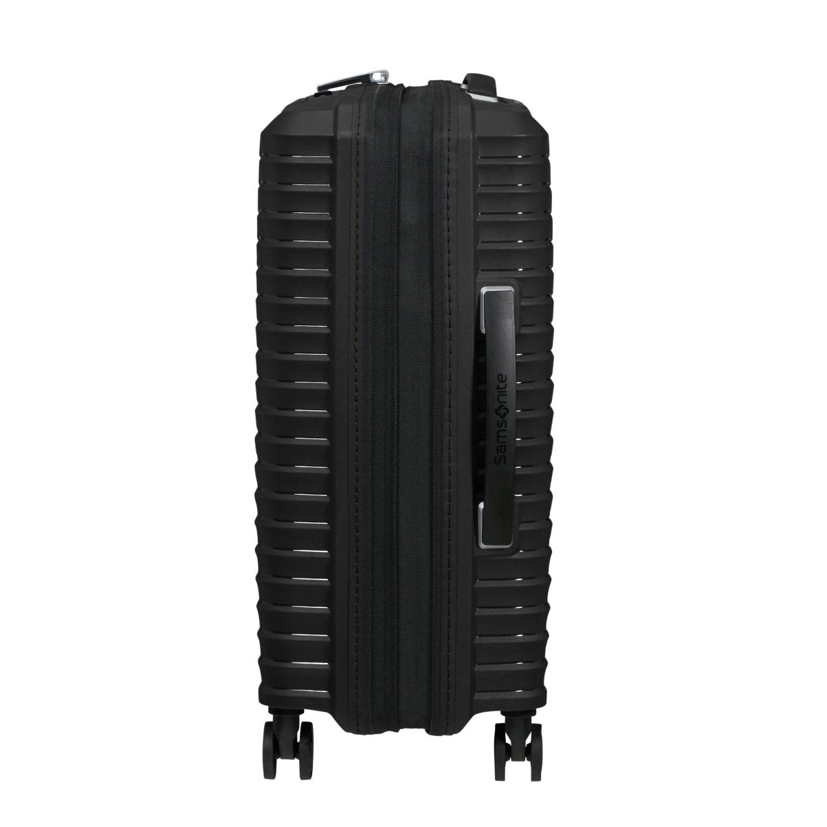 The Samsonite Upscape Spinner Carry-On™ stands upright with shock-absorbing wheels, handle, and expandable zipper.