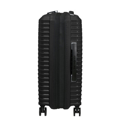 The Samsonite Upscape Spinner Carry-On™ stands upright with shock-absorbing wheels, handle, and expandable zipper.
