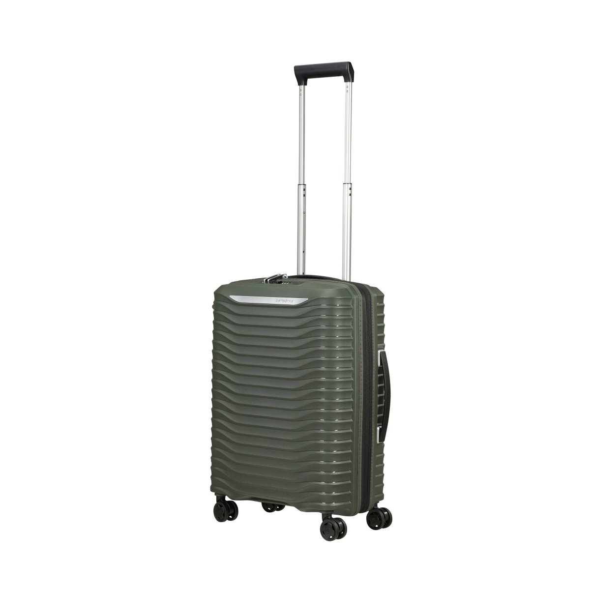 Samsonite Upscape Spinner Carry-On™ in olive green with shock-absorbing wheels and telescopic handle, upright.