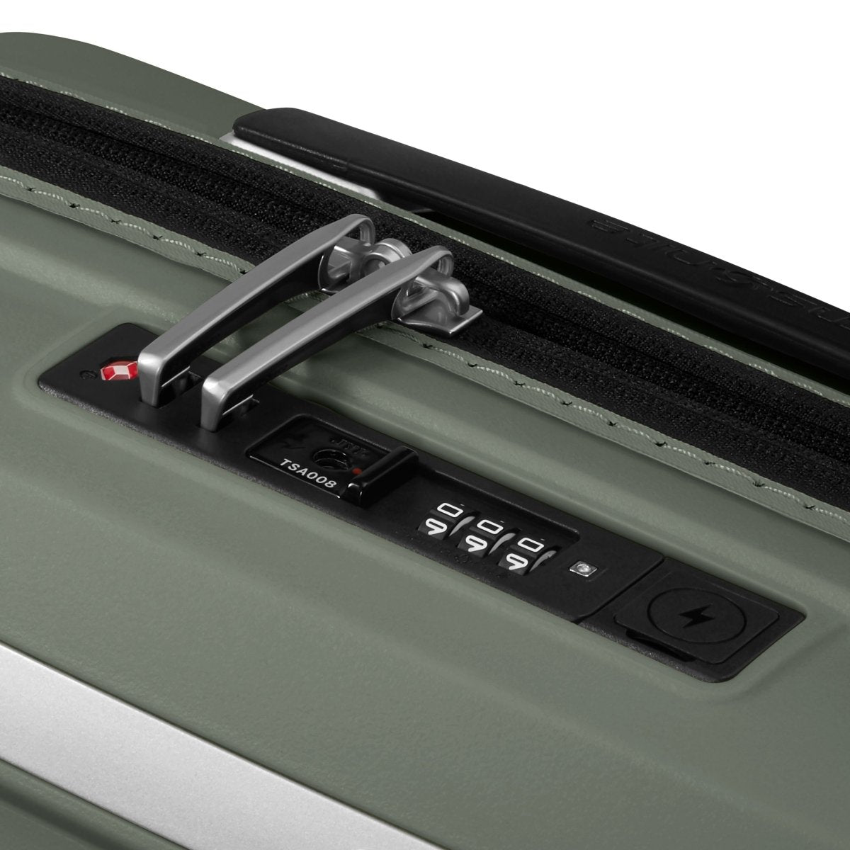 Close-up of the Samsonite Upscape Spinner Carry-On™ TSA lock and zipper on lightweight, expandable luggage.