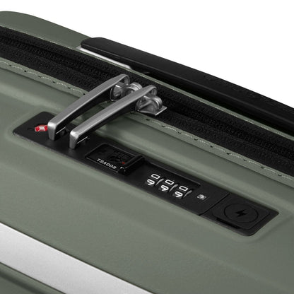 Close-up of the Samsonite Upscape Spinner Carry-On™ TSA lock and zipper on lightweight, expandable luggage.