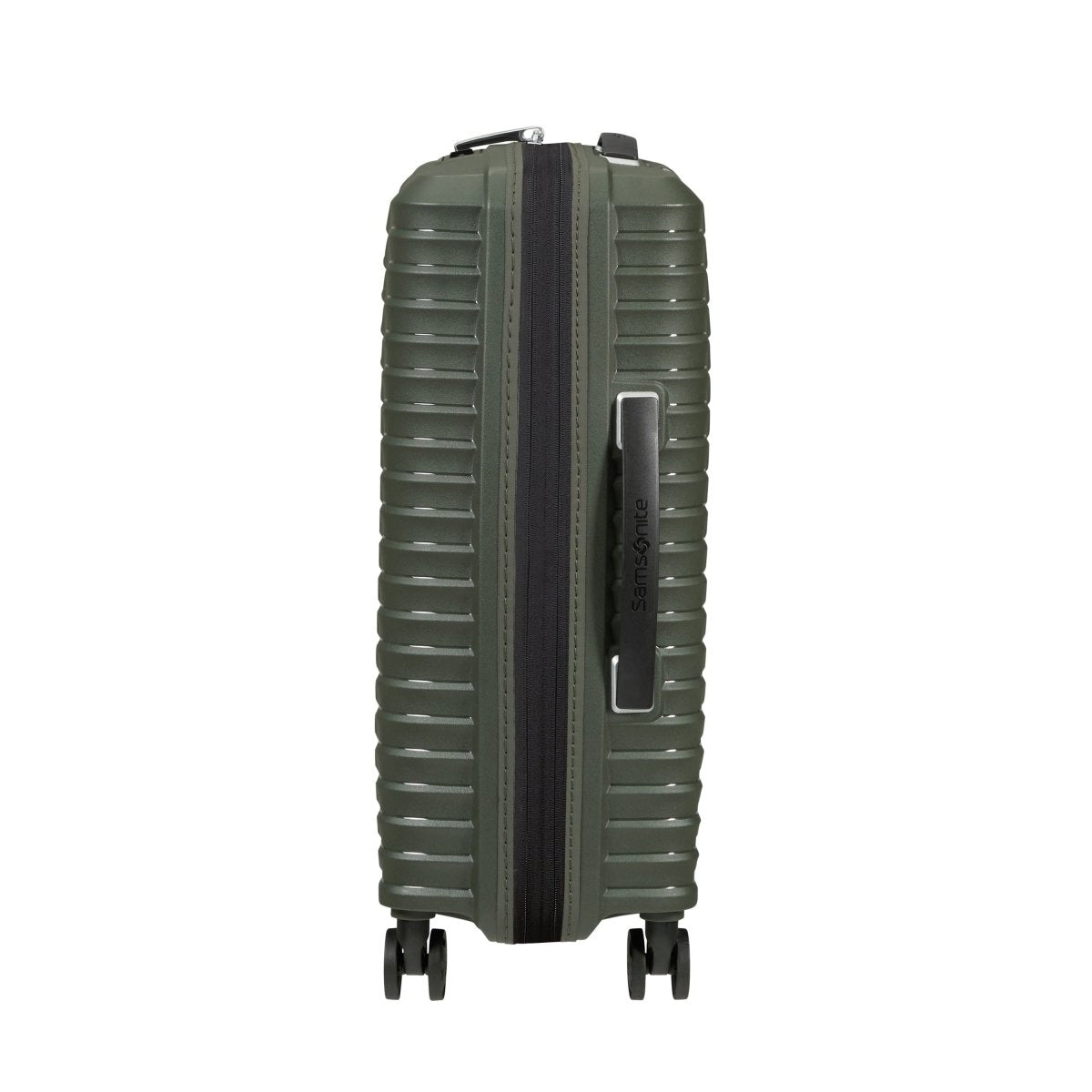 The Samsonite Upscape Spinner Carry-On™ is a green hardshell suitcase with shock-absorbing, four-wheel design.