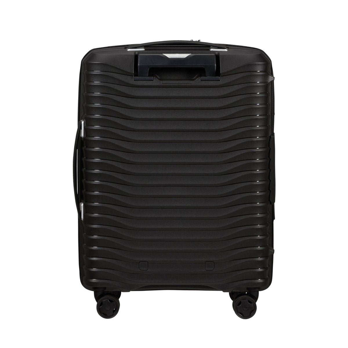 Samsonite Upscape Spinner Carry-On™: Black hard-shell, shock-absorbing wheels, ribbed design, side handle.