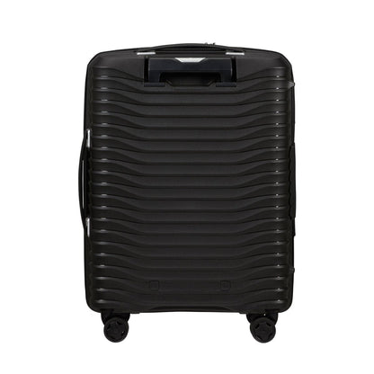 Samsonite Upscape Spinner Carry-On™: Black hard-shell, shock-absorbing wheels, ribbed design, side handle.
