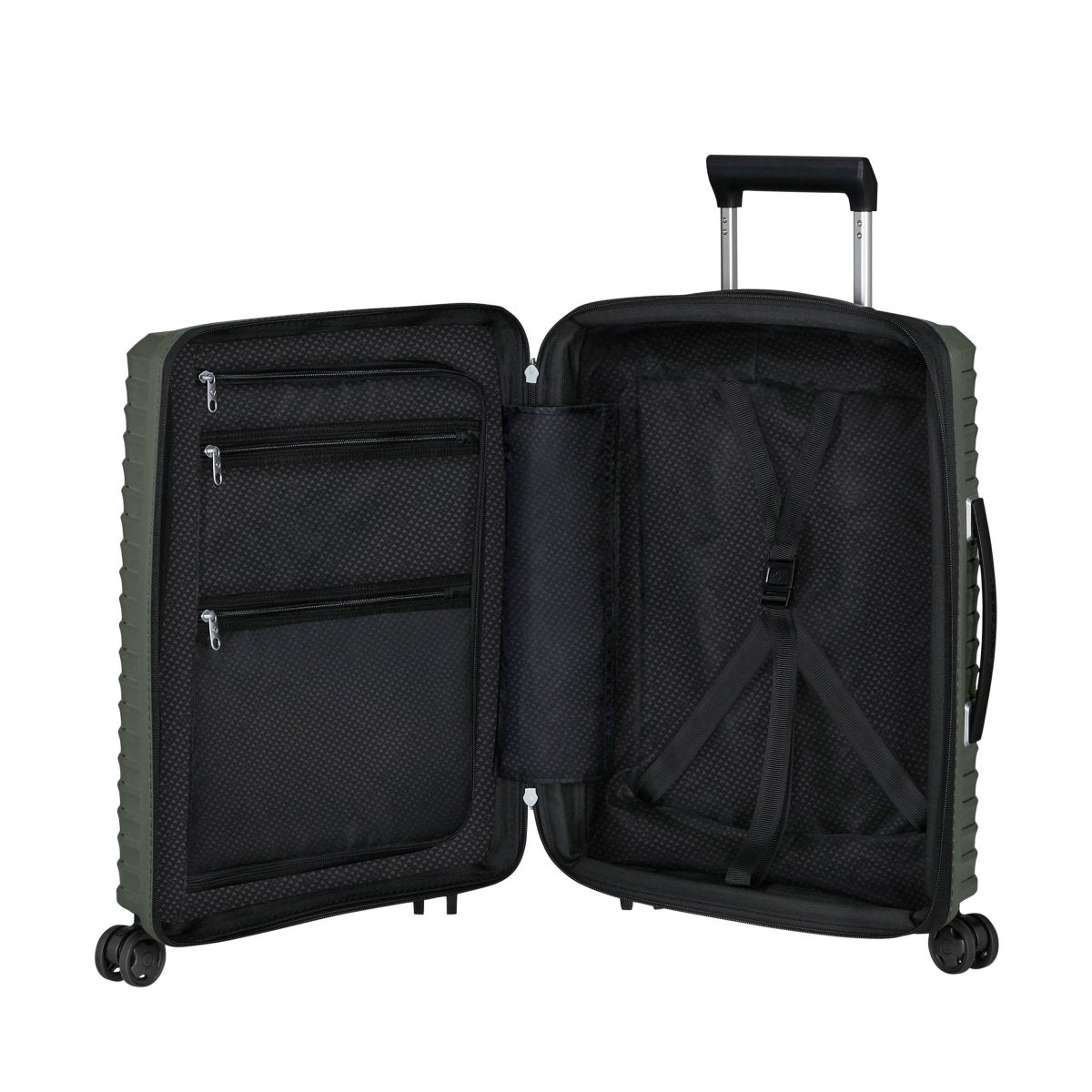 Samsonite Upscape Spinner Carry-On™ features mesh pockets, elastic straps, and expandable packing space.