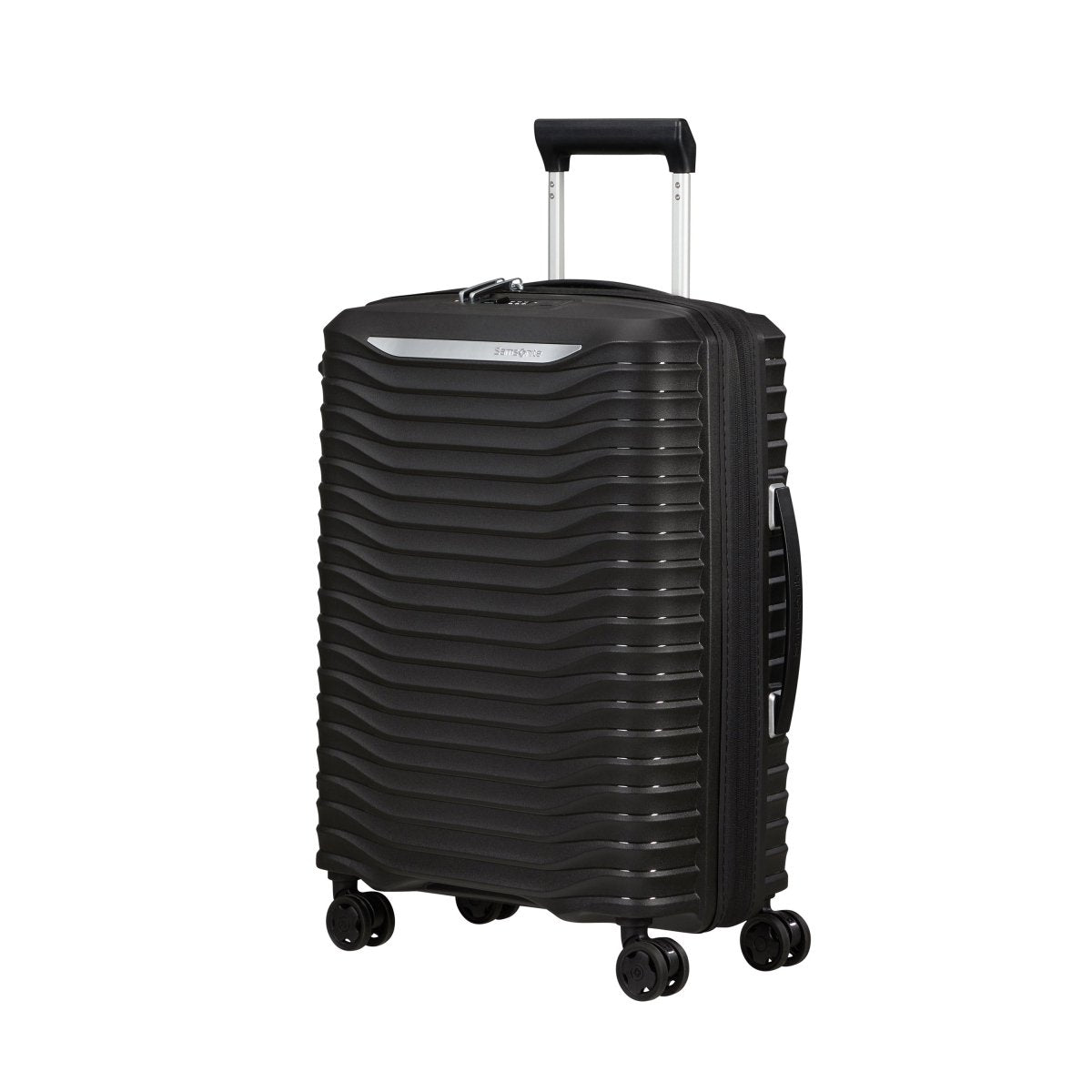 Samsonite Upscape Spinner Carry-On™ with telescopic handle, shock-absorbing wheels, and ridged shell.