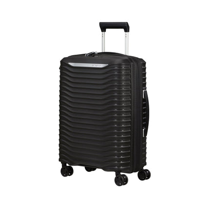 Samsonite Upscape Spinner Carry-On™ with telescopic handle, shock-absorbing wheels, and ridged shell.