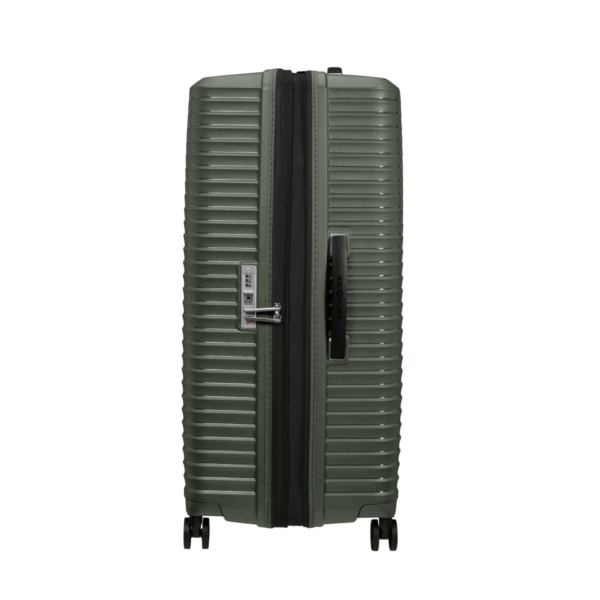 Samsonite Upscape Spinner Large in olive green, shown upright with zipper, handle, and shock-absorbing wheels.