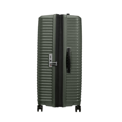 Samsonite Upscape Spinner Large in olive green, shown upright with zipper, handle, and shock-absorbing wheels.