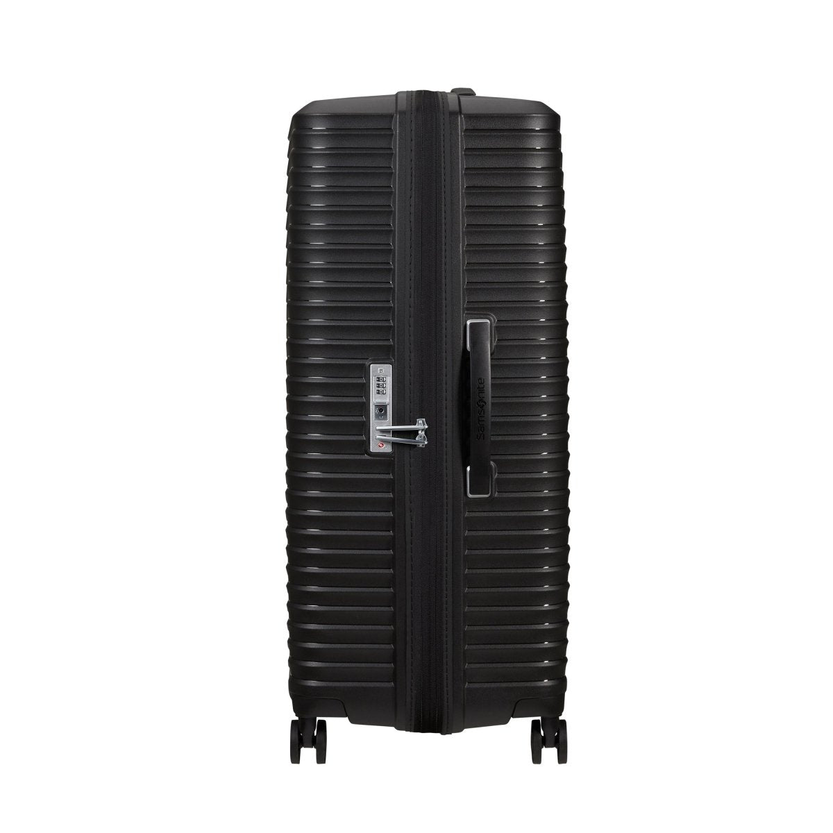 Samsonite Upscape Spinner Large: a black hard-shell suitcase with vertical ridges and shock-absorbing wheels.
