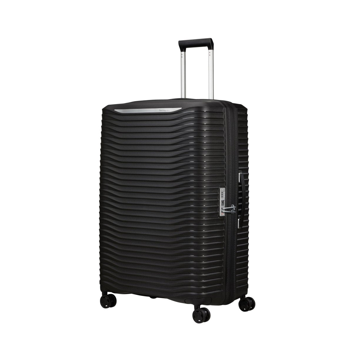 Samsonite Upscape Spinner Large: hard-shell, expandable, with ridges, shock-absorbing wheels, telescopic handle.