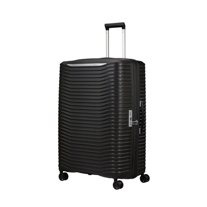 Samsonite Upscape Spinner Large: hard-shell, expandable, with ridges, shock-absorbing wheels, telescopic handle.