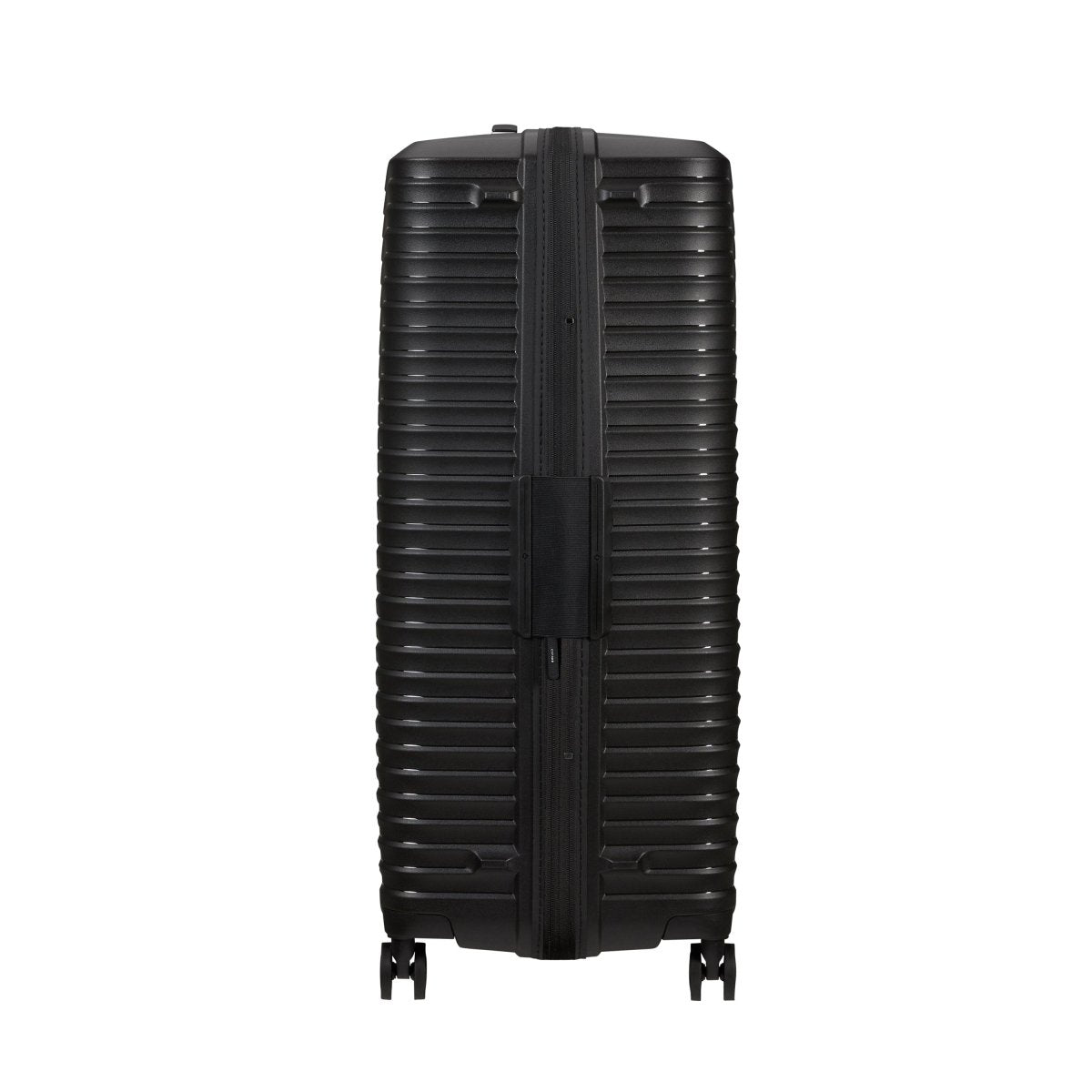 Samsonite Upscape Spinner Large—black, hard-shell suitcase with shock-absorbing wheels and horizontal ridges.