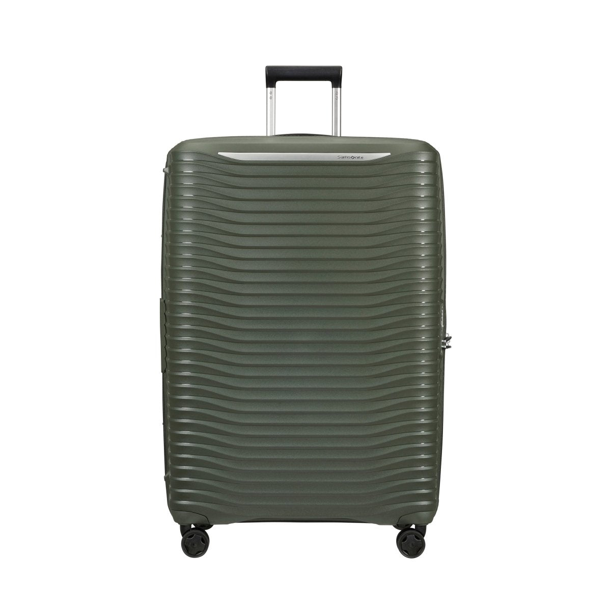 Samsonite Upscape Spinner Large in olive green with ridged design, telescopic handle, and shock-absorbing wheels.
