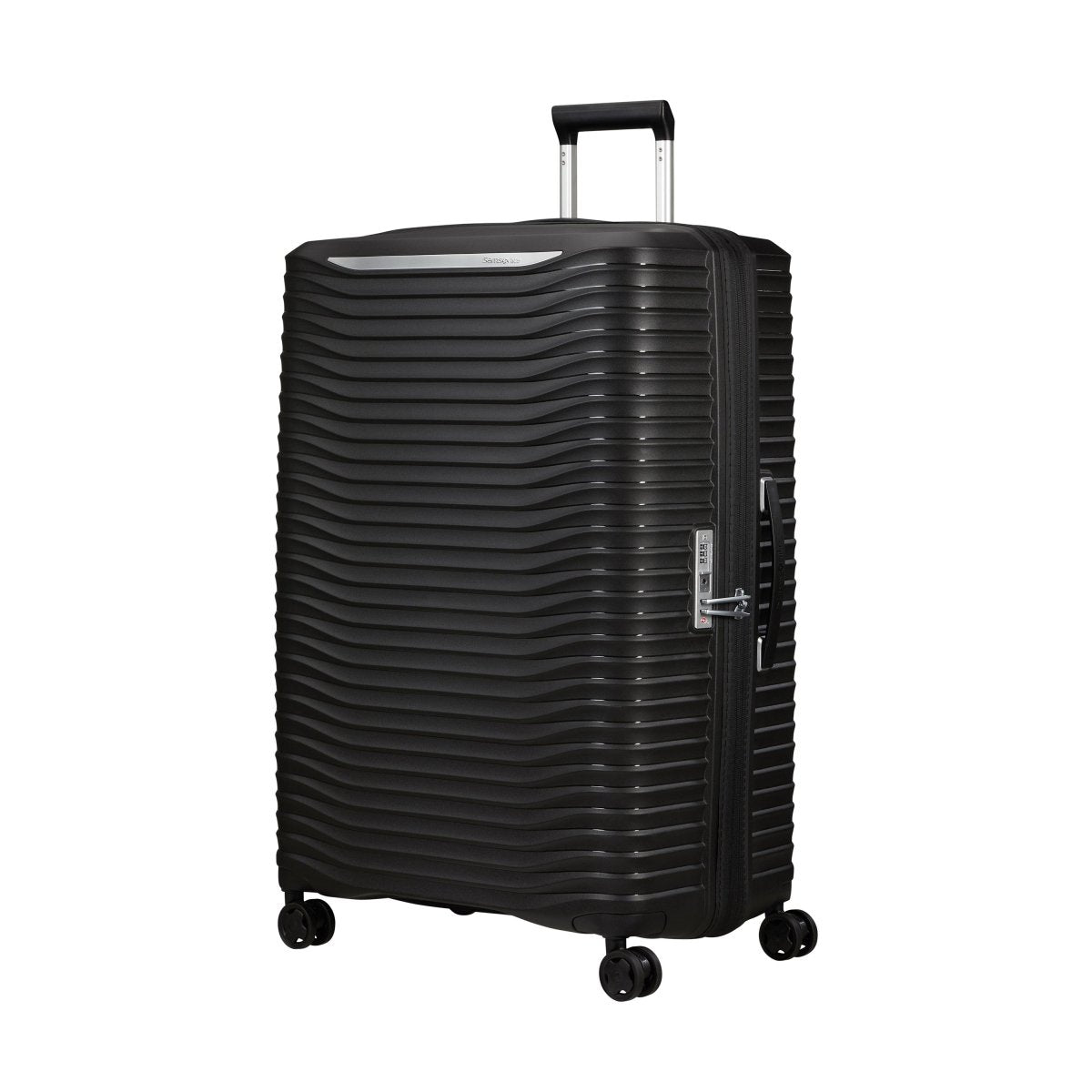 Samsonite Upscape Spinner Large: black hard-shell suitcase with shock-absorbing wheels and telescopic handle.