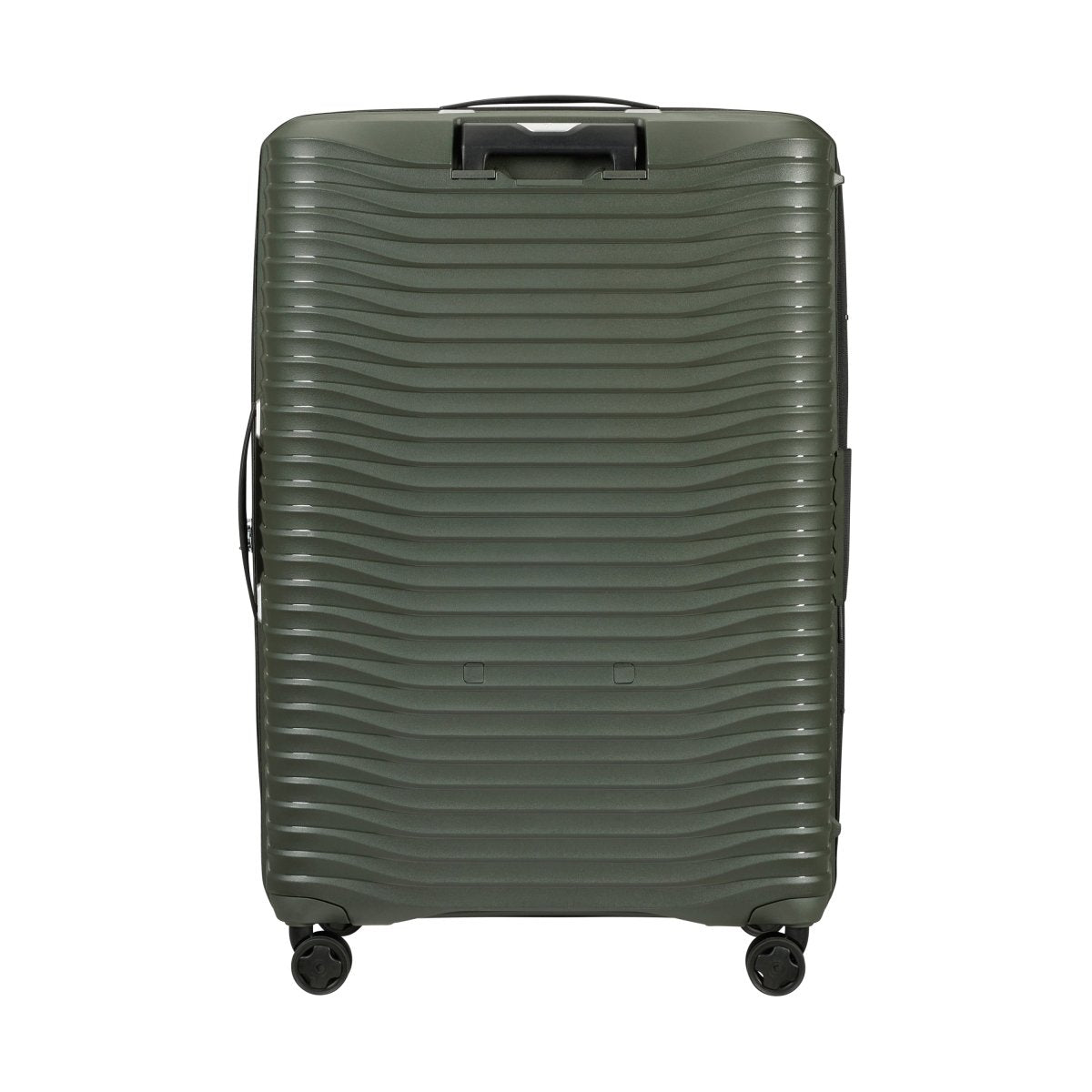 Samsonite Upscape Spinner Large in olive green with textured lines and shock-absorbing wheels, by Samsonite.