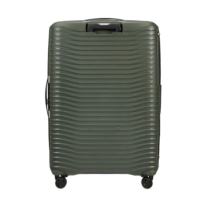 Samsonite Upscape Spinner Large in olive green with textured lines and shock-absorbing wheels, by Samsonite.
