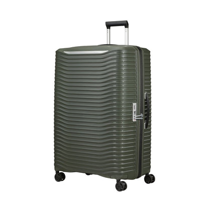 The Samsonite Upscape Spinner Large is a green hard-shell suitcase with ridges, side lock, and swivel wheels.