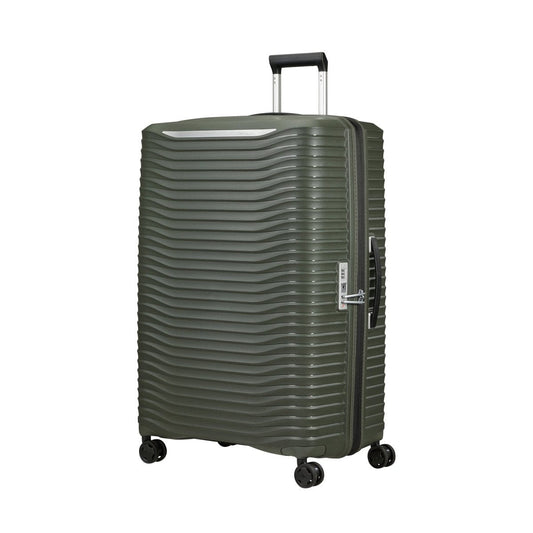Product Image – The Samsonite Upscape Spinner Large is a green hard-shell suitcase with ridges, side lock, and swivel wheels.