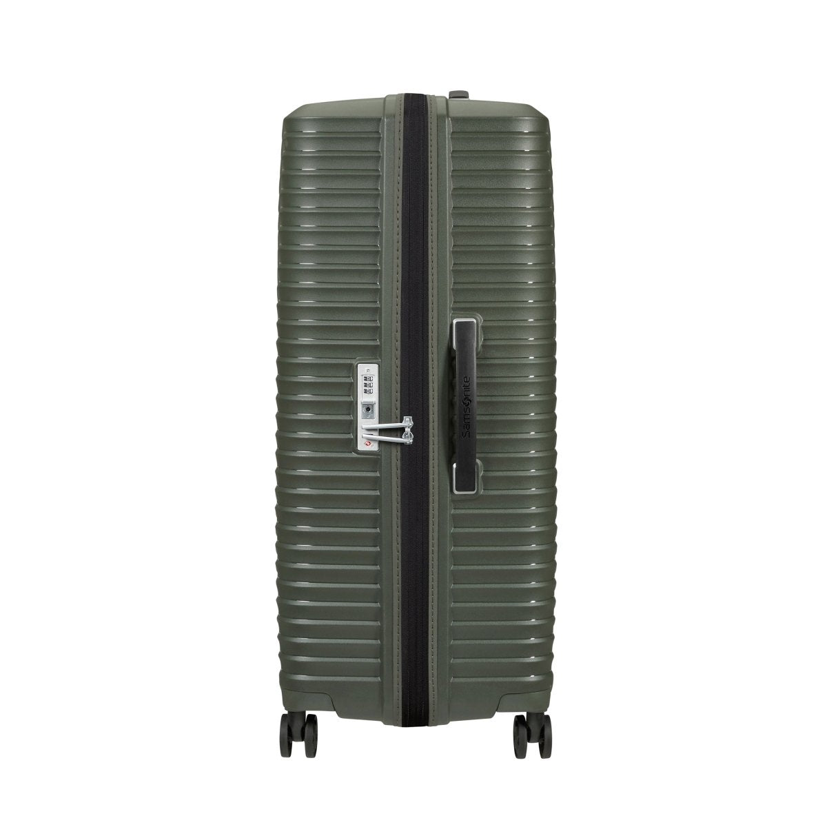 Samsonite Upscape Spinner Large in dark green with shock-absorbing wheels, shown upright side view.