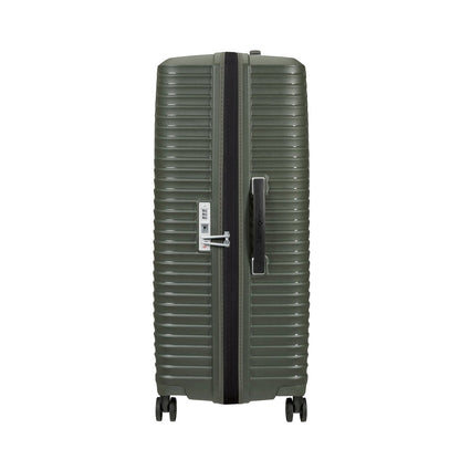 Samsonite Upscape Spinner Large in dark green with shock-absorbing wheels, shown upright side view.