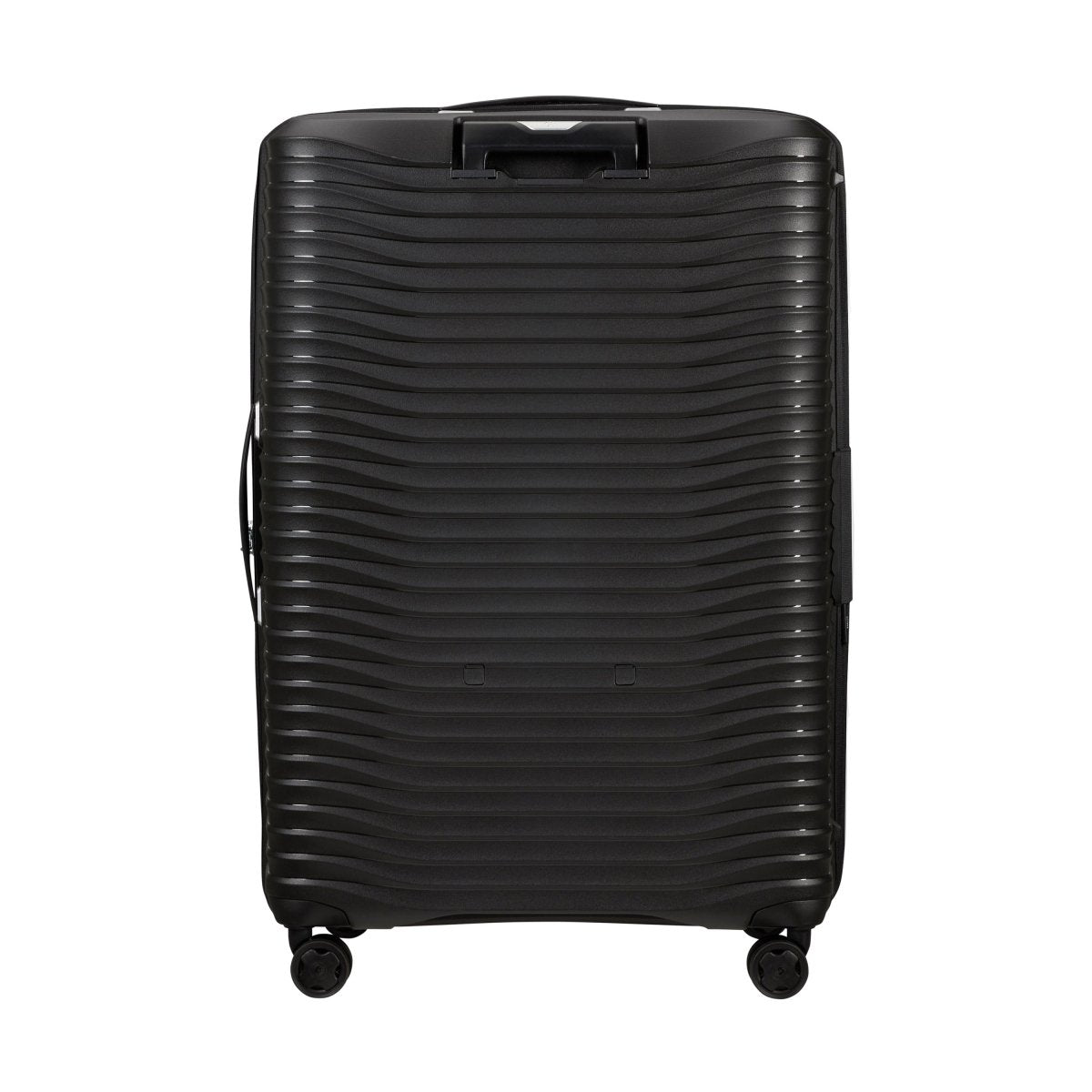 Samsonite Upscape Spinner Large hard-shell suitcase in black, with shock-absorbing wheels shown upright.