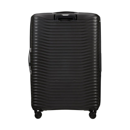 Samsonite Upscape Spinner Large hard-shell suitcase in black, with shock-absorbing wheels shown upright.