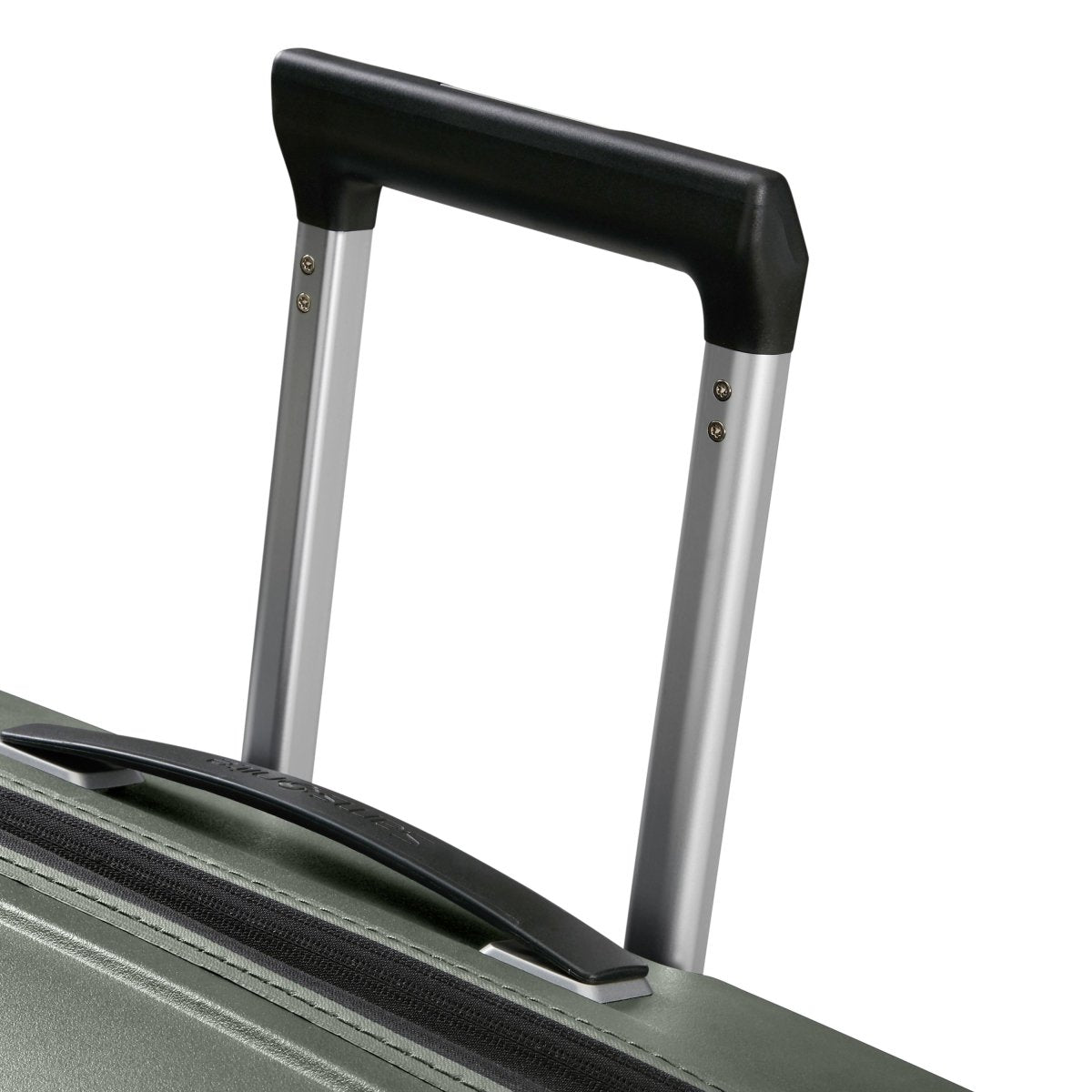 Close-up of the extended telescopic handle on the Samsonite Upscape Spinner Large hard-shell suitcase.