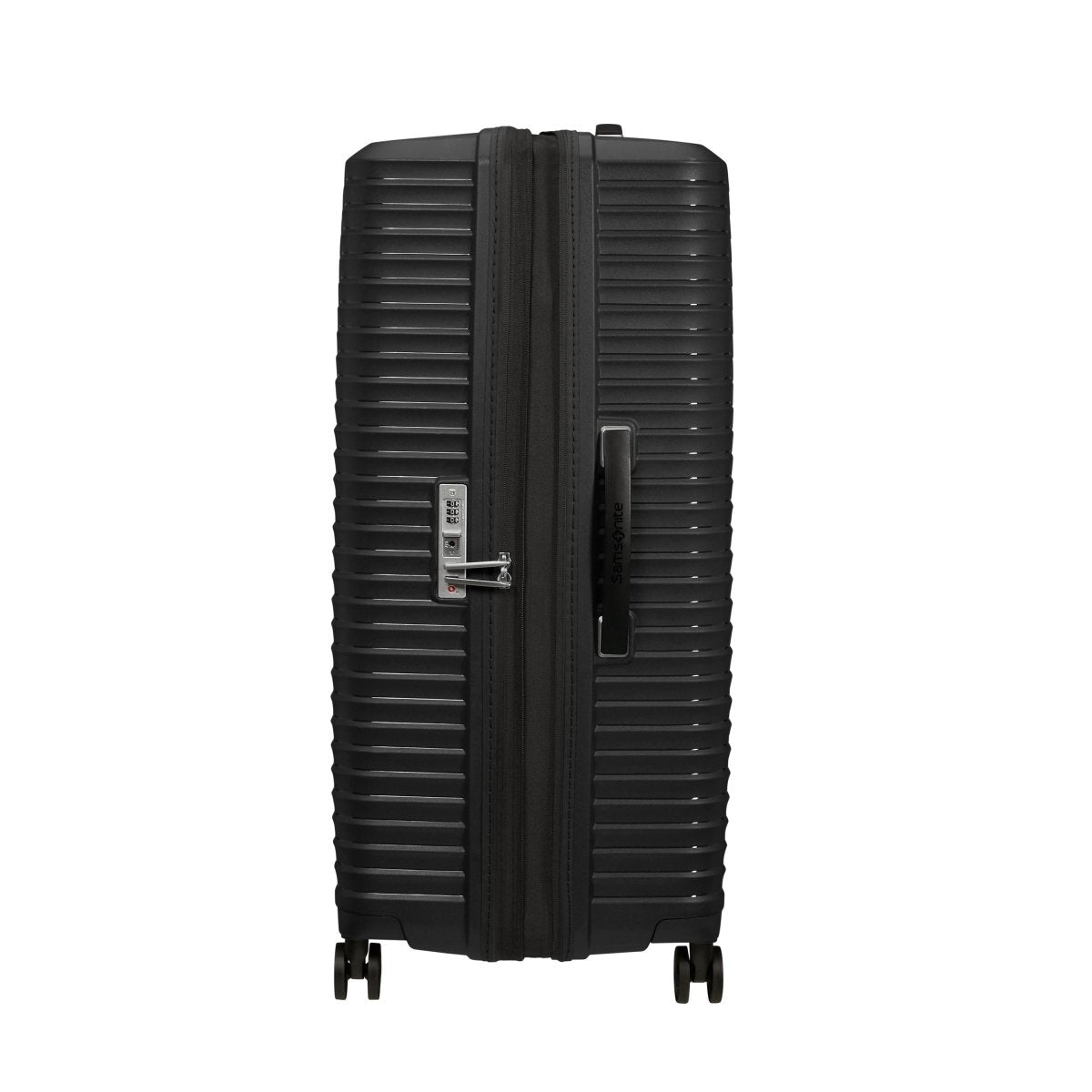 Samsonite Upscape Spinner Large: black hard-shell suitcase with shock-absorbing wheels and vertical zipper.