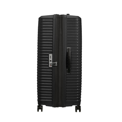 Samsonite Upscape Spinner Large: black hard-shell suitcase with shock-absorbing wheels and vertical zipper.