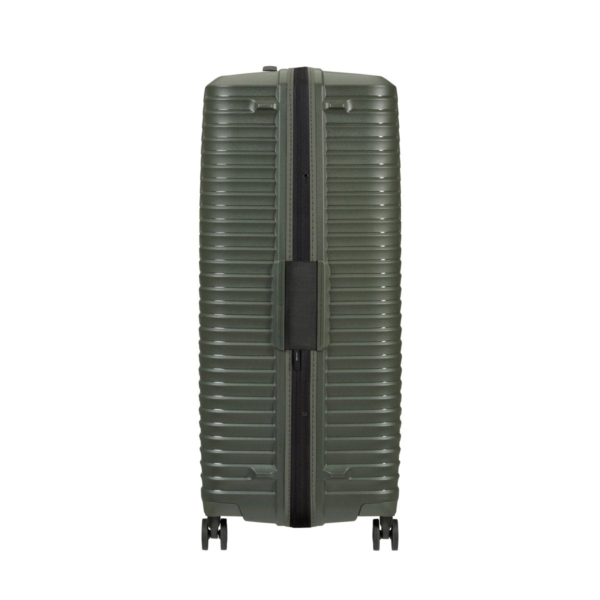 The Samsonite Upscape Spinner Large is a dark green suitcase with shock-absorbing wheels and a central zipper.