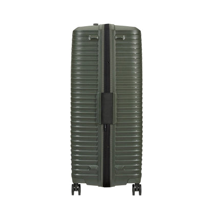 The Samsonite Upscape Spinner Large is a dark green suitcase with shock-absorbing wheels and a central zipper.