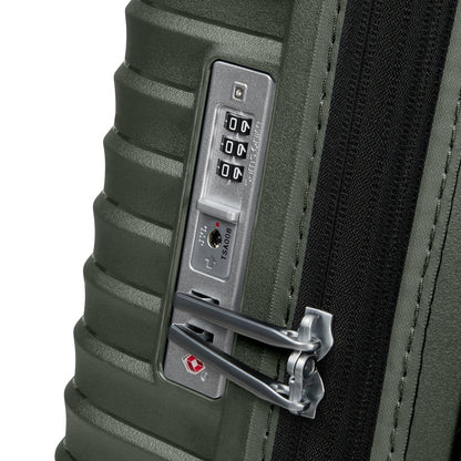 Close-up of a Samsonite Upscape Spinner Large green hard-shell suitcase with TSA lock by Samsonite.
