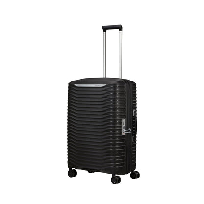 The Samsonite Upscape Spinner Medium has a black hard shell, telescopic handle, and shock-absorbing wheels.