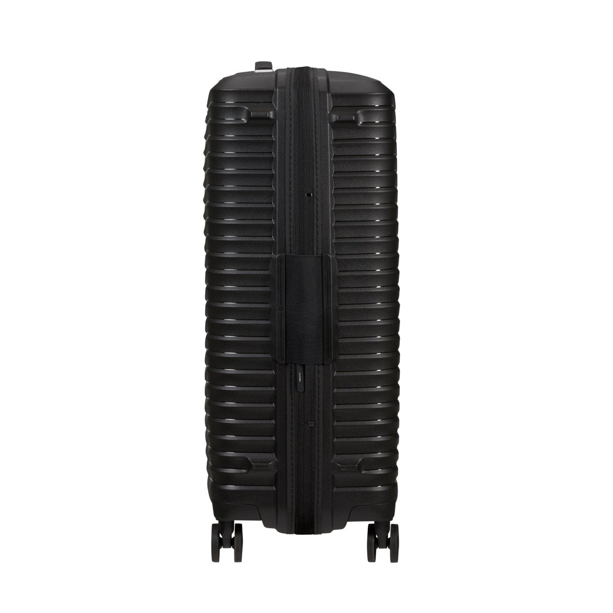 Samsonite Upscape Spinner Medium suitcase in black, upright side view, with four shock-absorbing wheels visible.