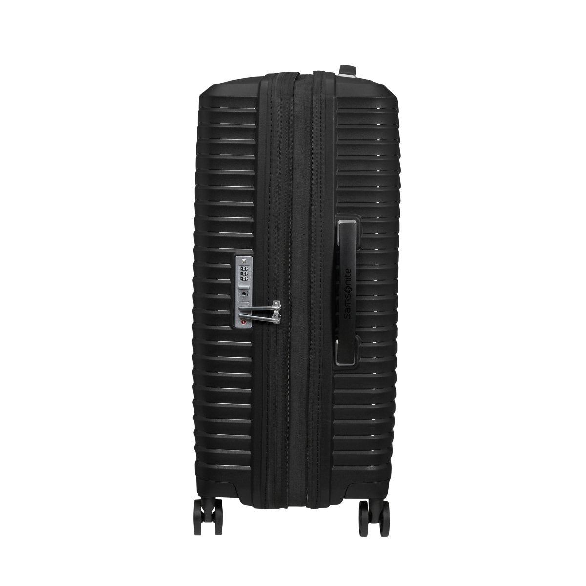 Samsonite Upscape Spinner Medium, black, shown side-on with shock-absorbing wheels and combo lock.