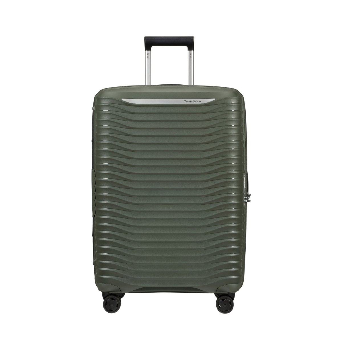 The Samsonite Upscape Spinner Medium is a green, lightweight hard-shell suitcase with shock-absorbing wheels.