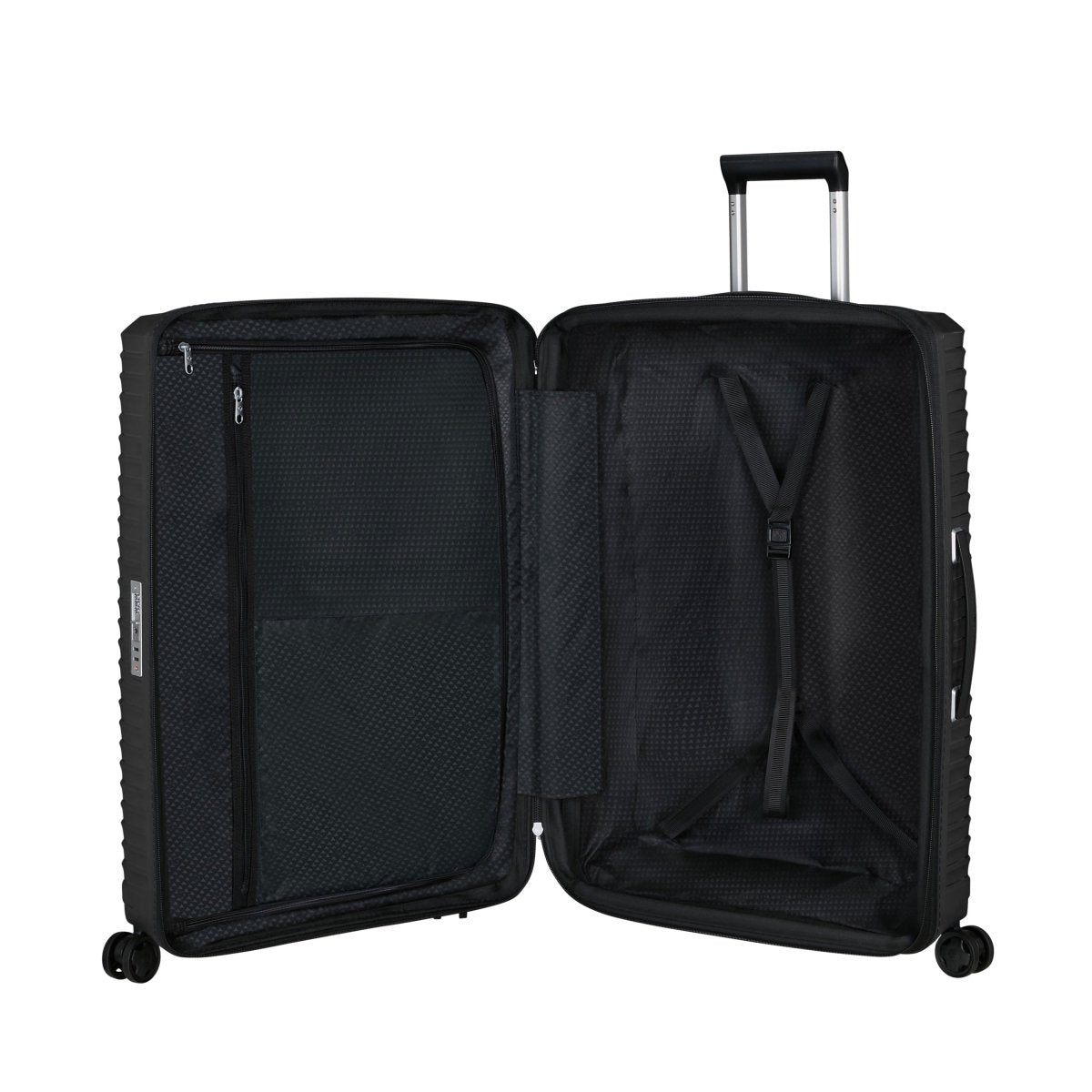 Samsonite Upscape Spinner Medium: black hardshell suitcase with interior compartments, straps & telescopic handle.