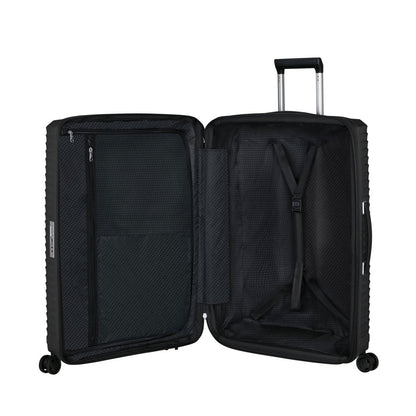 Samsonite Upscape Spinner Medium: black hardshell suitcase with interior compartments, straps & telescopic handle.