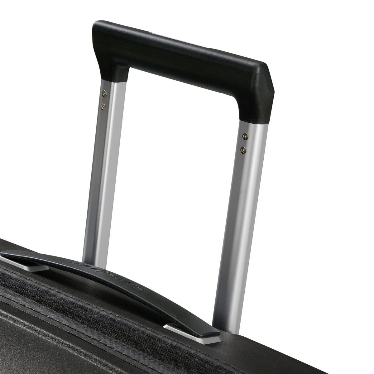 Close-up of the extended telescopic handle on the Samsonite Upscape Spinner Medium, featuring a sleek black design.