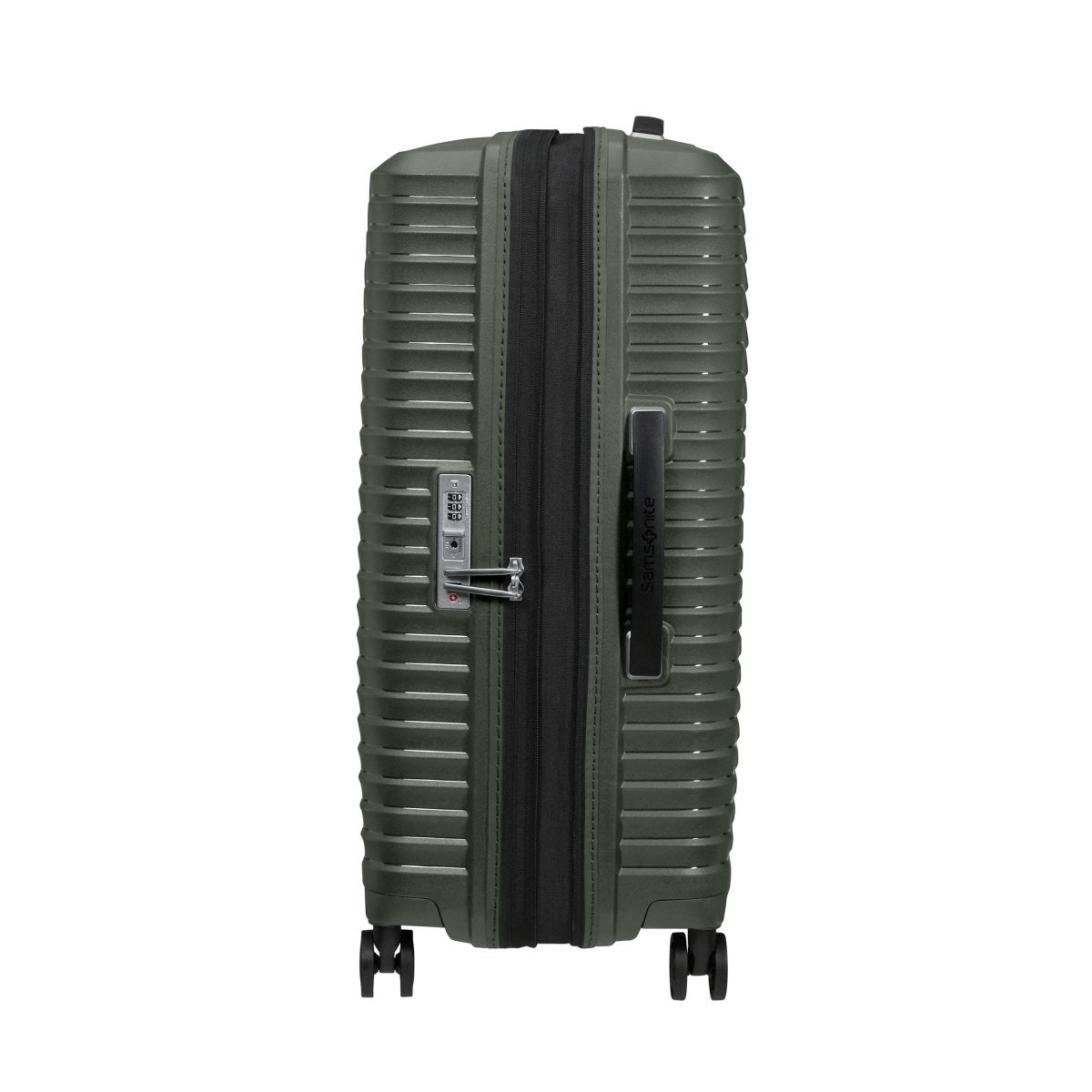 Samsonite Upscape Spinner Medium in olive green with 4 wheels, TSA lock, and shock-absorbing design.