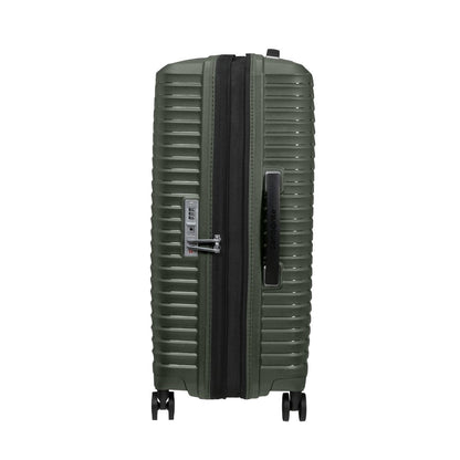 Samsonite Upscape Spinner Medium in olive green with 4 wheels, TSA lock, and shock-absorbing design.
