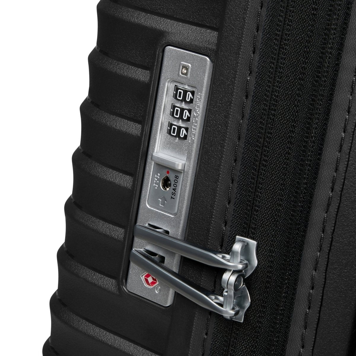 Close-up of the Samsonite Upscape Spinner Medium, a lightweight black suitcase with TSA lock and metal zipper pulls.
